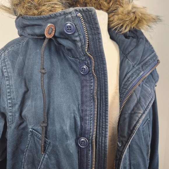 Abercrombie & Fitch VTG Y2K 2000s Men's Blue Parka Jacket Faux Fur Hood Size M - Picture 4 of 16